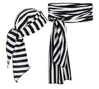 Joy Join Pirate Costume Accessories/Plus Size Pirate Scarf Belt Waist Sash and Pirate Head Scarf Bandanas for Halloween Women Men, Black&white Striped, More Size