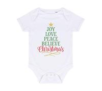 Joy Love Peace Believe Xmas Tree Shaped Wordart Baby Grow Vest, 0-3 Months, White