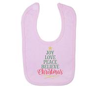Joy Love Peace Believe Xmas Tree Shaped Wordart Cotton Baby bib - Pastel Pink