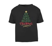 Joy Love Peace Believe Xmas Tree Shaped Wordart Short Sleeve Cotton Toddler t Shirt, 3-4 Years, Black