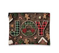 Joy Makeup Bag, Christmas Themed Holiday Cosmetic Travel Pouch for Women, Portable Small Canvas Zipper Organizer, Seasonal Skincare Toiletry Bag, Brown, 7x9 Inch, Joy