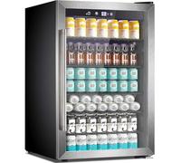 Joy Pebble 145 Can Mini Drink Fridge with Glass Door for Small Fridge Stainless Steel with Adjustable Thermostat for Office, Bedroom and Home (4.4 Cubic Feet)