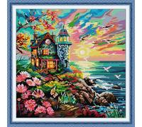 Joy Sunday Counted Cross Stitch Kits for Adults,14CT Unprinted Pattern Embroidery Kits for Beginners,Easy Cross-Stitch Set DMC Threads Needlework-Seaside Lighthouse 43cm×43cm