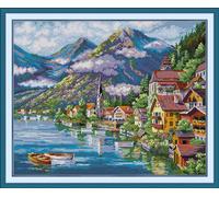 Joy Sunday Counted Cross Stitch Kits for Adults,14CT Unprinted Pattern Embroidery Kits for Beginners,Easy Cross-Stitch Set DMC Threads Needlework-Alpine Village 54cm×44cm