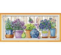 Joy Sunday Stamped Cross Stitch Kits for Adults,11CT Pre-Printed Pattern Easy Embroidery Kits for Beginner, Dmc Threads Sewing Pattern-The Pottings On The Windowsill 72cm×35cm