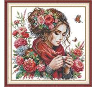 Joy Sunday Stamped Cross Stitch Kits for Adults,11CT Pre-Printed Pattern Easy Embroidery Kits for Beginner, Dmc Threads Sewing Pattern-A Girl with Flowers 51×51cm