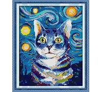 Joy Sunday Stamped Cross Stitch Kits for Adults,11CT Pre-Printed Pattern Easy Embroidery Kits for Beginner, Dmc Threads Sewing Pattern-Cat Under The Stars Starry Night 41cmx50cm