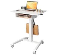 JOY Worker Mobile Standing Desk With Storage Drawer, Pneumatic Height Adjustable Laptop Workstation, White Rolling With Wheels for Home Office Classroom