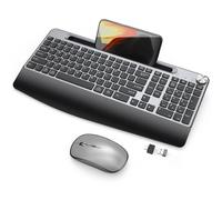 JOYACCESS Wireless Keyboard and Mouse, Ergonomic Wireless Keyboard with Wrist Rest and Phone Holder, Quiet Computer Mouse for Mac PC Laptop-Black Grey