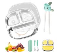 Joyan Stainless Steel Plates Kids, Baby Plates with Suction, Toddler Tray with Spoons, Forks and Chopsticks, Divided Plate with Lid, Safe and Durable Weaning Plate