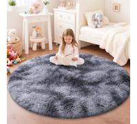 JOYARR Round Rug Kids Room Bedroom Nursery, Fluffy Soft Shaggy Washable Anti-Slip Modern Decor Carpet, Tie-dye Dark Grey, 120 cm