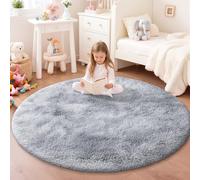 JOYARR Round Rug Kids Room Bedroom Nursery, Fluffy Soft Shaggy Washable Anti-Slip Modern Decor Carpet, Tie-dye Light Grey, 140 cm