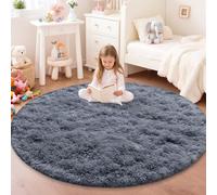 JOYARR Round Rug Kids Room Bedroom Nursery, Fluffy Soft Shaggy Washable Anti-Slip Modern Decor Carpet, Solid Grey, 140 cm