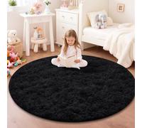 JOYARR Round Rug Kids Room Bedroom Nursery, Fluffy Soft Shaggy Washable Anti-Slip Modern Decor Carpet, Solid Black, 120 cm