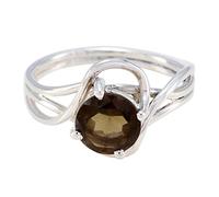 Joyas Plata Real Gemstones Round Shape One Stone Faceted Smoky Quartz ring - Solid Silver Brown Smoky Quartz Ring - January Birth Capricorn Astrology Real Gemstones Ring