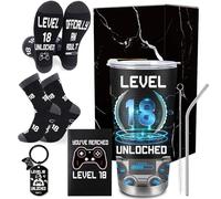 JoyAura 18th Birthday Gifts for Boys 18 Year Old Ideas Presents for Him | Boy Male Unique Gift with Gamer Tumbler, Personalised Birthday Card, Funny Socks, Keychain for Son Grandson Brother