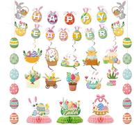JoyAura 25 Pcs Easter Decorations, Happy Easter Bunting Banner Rabbit Egg Hanging Streamer Honeycomb Centerpieces Set Home Celebrations Spring Decor