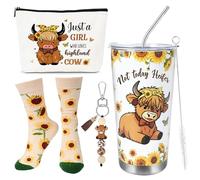 JoyAura 4 Pcs Highland Cow Gifts Sunflower Cartoon Highland Cattle Mug Set | Makeup Bag Bracelet and Cute Socks Boxed, Female Birthday Friendship Day Cow Lover Presents for Women Friend Bestie