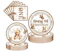 JoyAura 72 Pcs Beary 1st Birthday Party Tableware Set Party Decorations | Serve 24 Guests, 72Pcs Set includ 2size of Plates(24×2), 24Pcs Napkins, Table Decorations Suitable for 1st Birthday Party