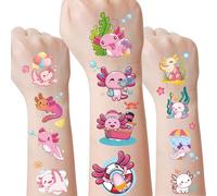 JoyAura Axolotl Temporary Tattoos for Kids - 8 Sheets 200 Pcs Pink Birthday Party Decorations Cute Reptile Animals Salamander Face Tattoo Stickers for Girls Rewards Gifts
