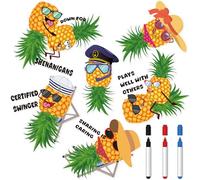 JoyAura Family Cruise Door Magnets - 6 Pcs Upside Down Pineapple Magnetic Ship Cabin Stickers, Funny Pineapples Tropical Decals for Carnival Holiday Party Car Decor with 3 Pcs Erasable Pens