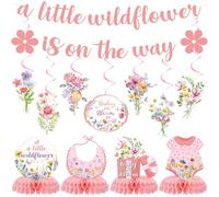 JoyAura Wildflowers Baby Shower Decorations - 14 Pcs A Little Wildflower Is On The Way Banners Hanging Swirls Floral Honeycomb Centerpiece Decor Set Flower Gender Announcement Party Supplies for Girls