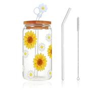 Joyawadori Iced Coffee Cup, 16oz Glass Cup with Straw and Lid, Tumbler with Bamboo Lid, Reusable Straw, Straw Cover and Cleaning Brush, Sunflower & Daisy Design, Gift for Girls Women