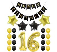 Joybble 16th Birthday Decorations for Girls Boys, Black Gold Balloons with Happy Birthday Banner, Number 16 Foil Balloon with Star Balloon, Self Inflaing Balloons Bunting Party Decoration