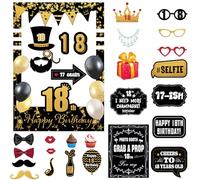 Joybble 18th Birthday Decorations Boys Girls, Black Gold Selfie Frame&30Pcs 18th Birthday Photo Booth Props, Personalised Funny DIY Glasses Moustache Bows for Her Him Photobooth Party Supplies