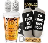 Joybble 18th Birthday Gifts for Boys, Birthday Decorations Vintage 18th Beer Glass Set for Boys, 16oz Personalised Gift Beer Glasses Gift Ideas, Funny Socks & Keychain & Bottle Opener for Him