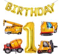 Joybble 1st Birthday Decoration for Boys, Construction Vehicle Themed Party Supplies, Birthday Boy Decorations, Gold Letter Balloons Digger Excavator Crane Cement Truck Bulldozer for 1 Year Old Boys