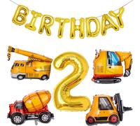Joybble 2nd Birthday Decorations for Boys, Construction Vehicle Themed Party Supplies, Birthday Boy Decorations, Gold Letter Balloons Digger Excavator Crane Cement Truck Bulldozer for 2 Year Old Boys