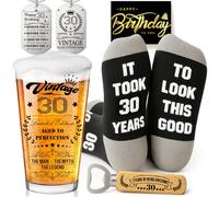 Joybble 30th Birthday Gifts for Men, 30th Birthday Decorations Beer Glass in Vintage Box, Valentine's Day Gift Beer Glasses Gift Ideas, Presents for Men, Funny Socks & Keychain & Bottle Opener