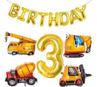 Joybble 3rd Birthday Decoration for Boys, Construction Vehicle Themed Party Supplies, Birthday Boy Decorations, Gold Letter Balloons Digger Excavator Crane Cement Truck Bulldozer for 3 Year Old Boys