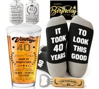 Joybble 40th Birthday Gifts for Men, 40th Birthday Decorations Beer Glass in Vintage Box, Valentine's Day Gift Beer Glasses Gift Ideas, Presents for Men, Funny Socks & Keychain & Bottle Opener