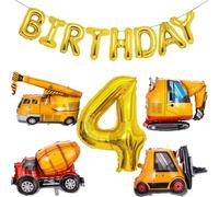 Joybble 4th Birthday Decoration for Boys, Construction Vehicle Themed Party Supplies, Birthday Boy Decorations, Gold Letter Balloons Digger Excavator Crane Cement Truck Bulldozer for 4 Year Old Boys