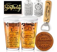 Joybble 50th Birthday Gifts for Men, Personalised 50th Beer Glasses Birthday Decoration for Him, Vintage Beer Gift Set with Keyrings Leather Coaster, Valentines Day Gift Ideas for Husband
