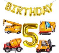 Joybble 5th Birthday Decoration for Boys, Construction Vehicle Themed Party Supplies, Birthday Boy Decorations, Gold Letter Balloons Digger Excavator Crane Cement Truck Bulldozer for 5 Year Old Boys