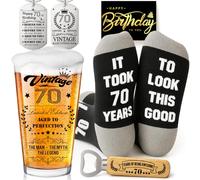 Joybble 70th Birthday Gifts for Men, 70th Birthday Decorations Beer Glass in Vintage Box, Valentine's Day Gift Beer Glasses Gift Ideas, Presents for Men, Funny Socks & Keychain & Bottle Opener