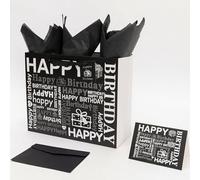 Joybble Black Birthday Gift Bag, Medium Gift Bags for Presents with Tissue Paper and 1 Greeting Card for Women Men Kids, Paper Present Bag with Handles Birthday Supplies -32x12x26cm