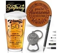 Joybble Men 50th Birthday Gifts, Personalised Beer Gift with Leather Coaster Keyrings, 50th Birthday Decorations for Men, Funny Birthday Gift Set for Him, 6 in 1 Pen & Greeting Card for Dad Uncle