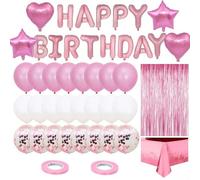 Joybble Pink Birthday Balloons, Happy Birthday Party Decorations Set, Latex Confetti Ballons with Star Heart Foil Balloon, Self Inflating Balloon with Fringe Curtain Tablecloth for Kids Adults