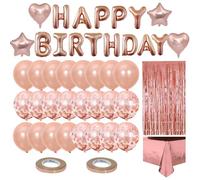 Joybble Rose Gold Birthday Balloons, Happy Birthday Party Decorations Set, Latex Confetti Ballons with Star Heart Foil Balloon, Self Inflating Balloon with Fringe Curtain Tablecloth for Women Girls