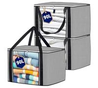 Joybees Clothes Storage Bags with Lids, 3-Pack, 90L Large Foldable Boxes with Zipper & Clear Window, Thick Scratch-Resistant Material, Moving & Bedding Storage, Grey, 60 × 45 × 35 cm
