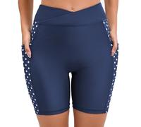 JOYBIK Women's 7" Cross High Waisted Swim Board Shorts with Pockets Swimsuit Bottoms Quick Dry Boyshorts, Navy/Polka Dot, Medium