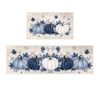 Joybileefun Fall Kitchen Rugs Sets of 2 Fall Kitchen Mats Blue Pumpkin Thanksgiving Mat Washable Non Slip Rug Autumn Harvest Maple Leaves Kitchen Mat Set 16x 47 Inch 16x 27 Inch