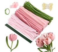 Joyblossom Pipe Cleaners Tulip Bouquet Set, 300pcs Pipe Cleaners for Craft, with Flower Stamen, Florist Wire, Florist Tape, Ribbon,Tutorial, for DIY Craft Projects and Craft Decorations, Pink