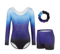 JoyBound Girls' Gymnastics Leotards LongSleeves Set -Three-Piece for Long Sleeves Leotard, Shorts & Hairband Gradient Color Ballet Unitard Outfit for Ages 5-12 Dancers (BLUE-1, Tag 12A(11-12 Years))