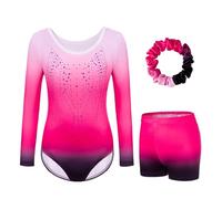 JoyBound Girls' Gymnastics Leotards LongSleeves Set -Three-Piece for Long Sleeves Leotard, Shorts & Hairband Gradient Color Ballet Unitard Outfit for Ages 5-12 Dancers (PINK-2, Tag 10A(9-10 Years))