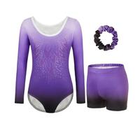 JoyBound Girls' Gymnastics Leotards LongSleeves Set -Three-Piece for Long Sleeves Leotard, Shorts & Hairband Gradient Color Ballet Unitard Outfit for Ages 5-12 Dancers (PURPLE-1, Tag 8A(7-8 Years))